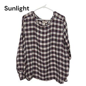 LOFT Outlet Pullover Plaid Long-Sleeve Rayon Blouse SZ L White & Multicolor